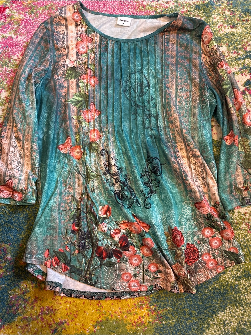 Stunning Teal Floral Pintuck Women’s Top